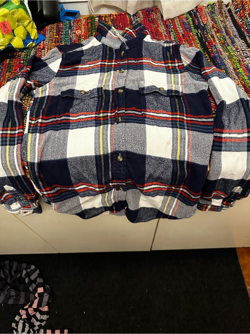 American Eagle XS Plaid Button-Up Flannel Shirt with Red, Navy Blue & Yellow